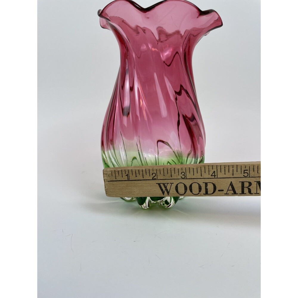 Watermelon Glass Vase Twisted Ruffled Edge Hand Blown 8” Tall - Picture 10 of 10